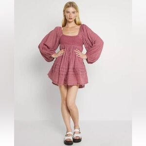 Free People Ari Crochet Mini Dress in Rose Long Sleeve Babydoll Cotton XS